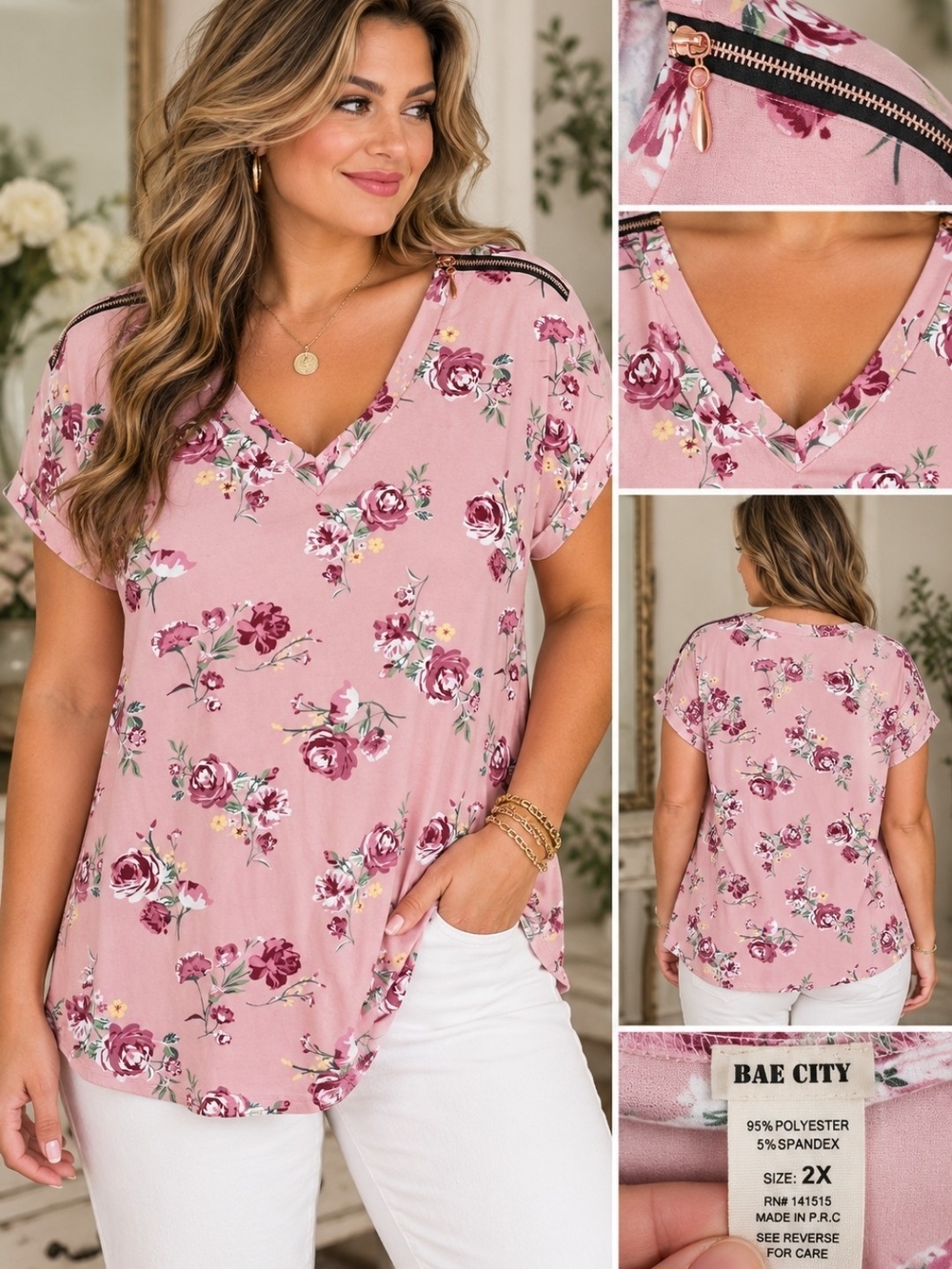 BAE CITY 2X Blush Pink Floral Rose Print V-Neck Top Rose Gold Zipper Detail
